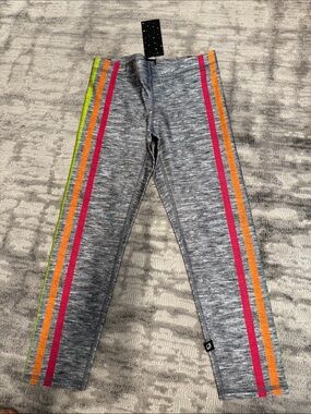 Women’s Grey Heather Leggings with Rainbow Side Stripes.